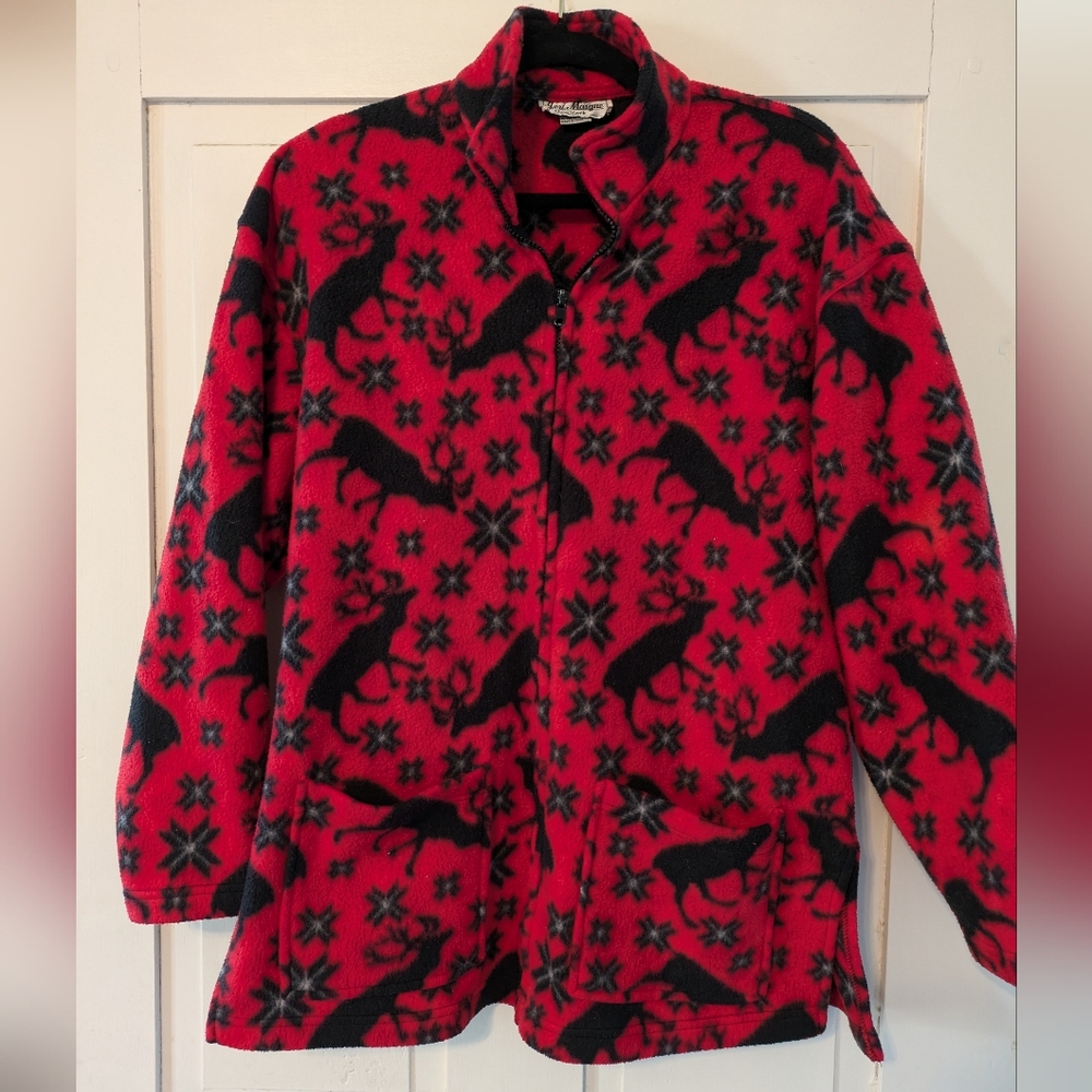 Vintage Red Fleece Zip Up Jacket with Moose & Pockets- M but fits like a L